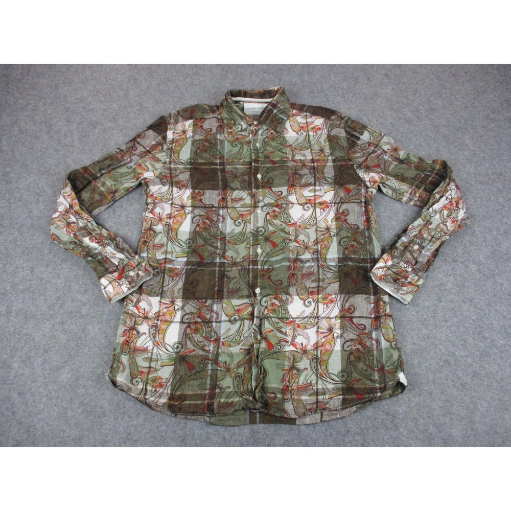 Luciano Moresco Shirt Mens Medium Green White Linen Paisley Button Up Italy
